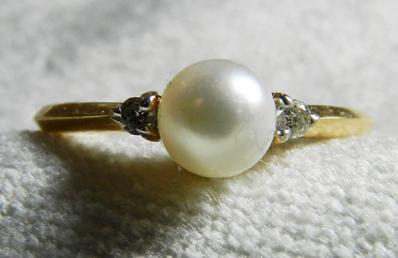 Wedding - Pearl Engagement Ring 6 mm Pearl Genuine Cultured Pearl Ring Diamond Accents Wedding Jewelry June Birthday Gift