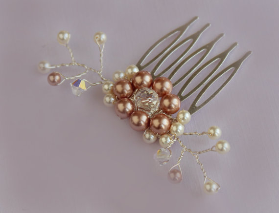 Hochzeit - Sale25% off Rose Gold Pearls Crystal comb Hair Accessories Wedding white ivory Bridal Veil attachment navy blue silver gray pink mauve peach