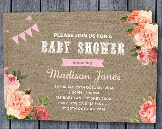 Wedding - BABY SHOWER INVITATION Birth Announcement Custom Invite Vintage Rose Shabby Chic Romantic Roses Girly Burlap Baby Girl Pink Retro