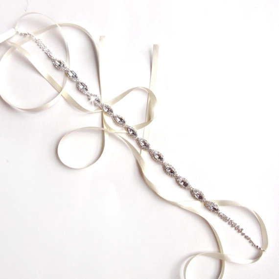 Hochzeit - Thin Marquise Rhinestone Bridal Headband - White or Ivory Satin Ribbon - Silver and Crystal - Thin Wedding Dress Belt