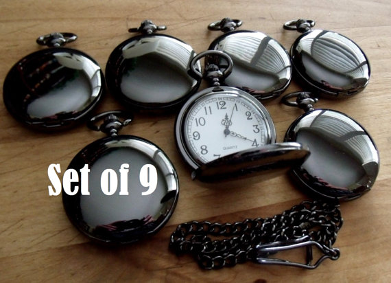 Mariage - Set of 9 Black Pocket Watches with Chains Personalized Clearance Destash Groomsmen Gift Pocket Watch Quartz
