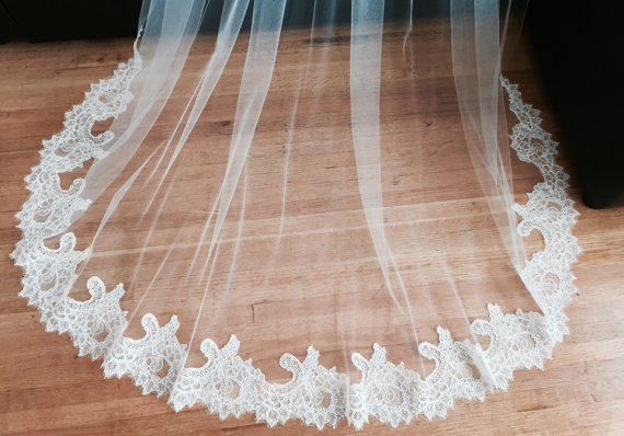 Hochzeit - Cathedral Lace Veil, Alencon lace bridal veil, couture bridal veil, Chapel veil, wedding veil, single layer veil, ivory veil, diamond veil.