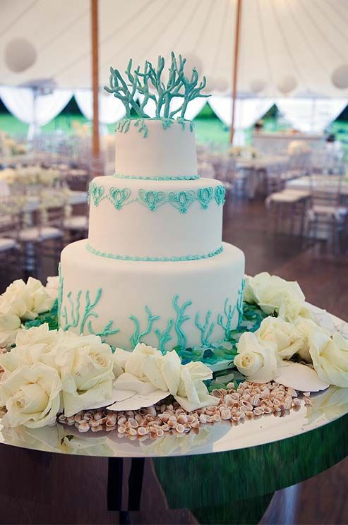 Wedding - The Three-tier Wedding Cake Is Decorated With Turquoise Swags And Topped With Sugar Coral.