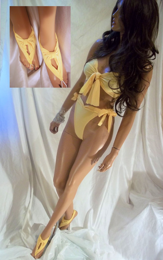 Wedding - Beautiful Yellow Bikini Swimsuit With Matching Barefoot Beach Sandals, Two-Piece Bathing Suit With Matching Beach Sandals, Barefoot Sandals