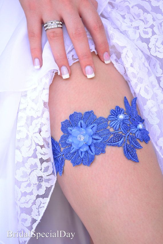 Wedding - Lace Wedding Garter Blue Bridal Garter Something Blue Garter With Pearls And Flower - Handmade Wedding Accessories