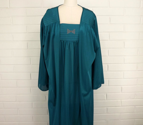 Wedding - Vintage 70's Blue Green Teal Peignoir, Long Romantic Sexy Two Piece Lingerie Set, Robe and Spaghetti Strap Gown, Plus Size 3x