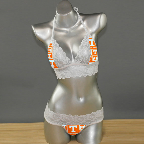 زفاف - Sexy handmade with NCAA Tennessee Volunteers fabric with white scallped lace accent top with matching G string panty lingerie set
