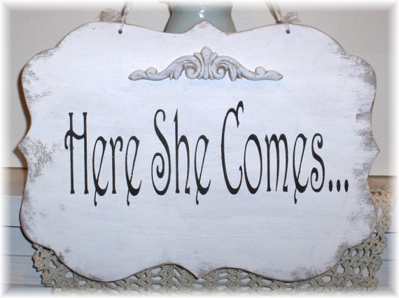 Свадьба - Wedding Sign Here She Comes Wood White Shabby Custom Photo Prop Aisle Flower Girl Ring Bearer