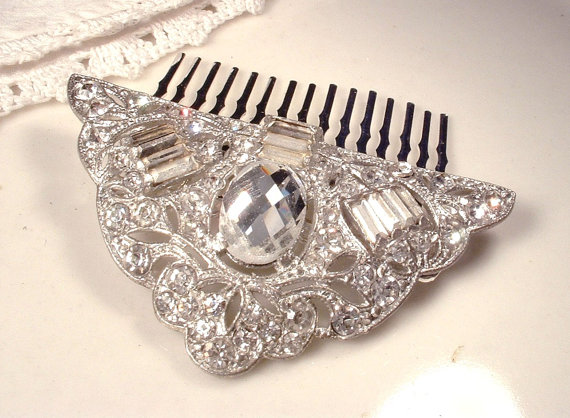 زفاف - 1920s Bridal Hair Accessory, Gatsby HeadPiece Art Deco Silver Rhinestone Antique Fan Clip to OOAK Flapper Hair Comb Vintage Wedding Haircomb