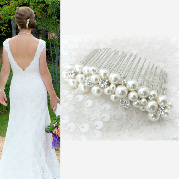 Wedding - Pearl Hair Comb, Wedding Hair Comb, Bridal Hair Comb, Pearl and Rhinestone Hair Comb, Swaroski Bridal Hair Piece, Fireball