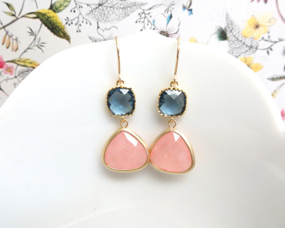 Hochzeit - Pink Coral Navy Blue Earrings Gold Earrings Pink Wedding Pink Earrings Sapphire Blue Earring Bridal Jewelry Coral Bridesmaid Navy Bridesmaid