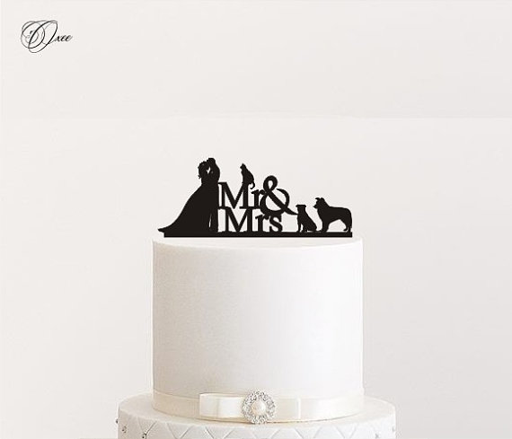 Hochzeit - Mr and Mrs Silhouette wedding cake topper by Oxee, personalized cake toppers with cats and dogs