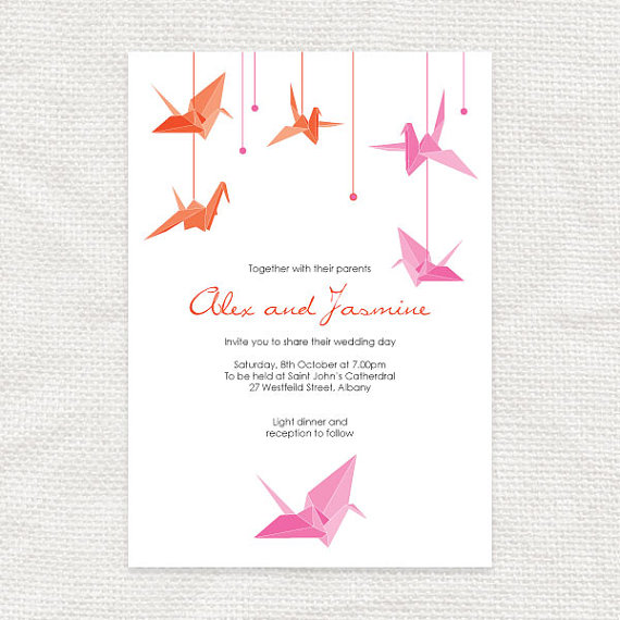 Hochzeit - paper crane printable wedding invitation origami bird wedding invite asian happiness Japanese Chinese pink orange bridal shower customised