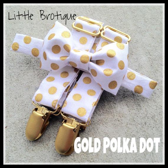 Hochzeit - Gold polka dot bow tie and suspender set. Baby and toddler bow tie and suspender set, boy bow tie and suspender set.