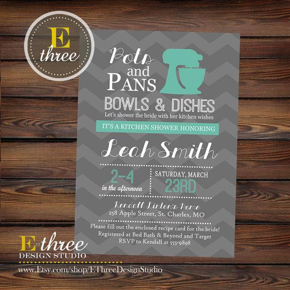 Hochzeit - Printable Kitchen Bridal Shower Invitations - Teal and Gray Chevron Bridal Shower Invite - Kitchen Recipe Wedding Shower