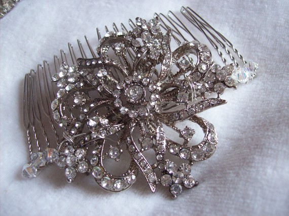 Mariage - Bridal accessories handmade diamante bridal vintage look comb