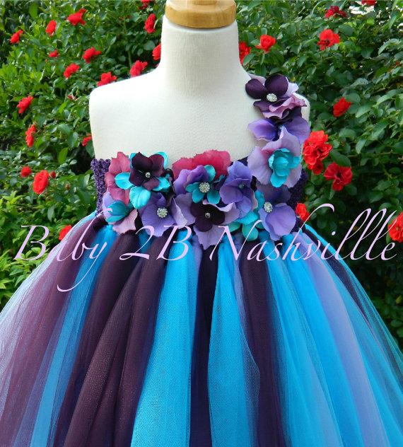 Mariage - Flower Girl Dress Plum and Turquoise Hydrangea Wedding  Flower Girl Dress  Baby to Girls size 8