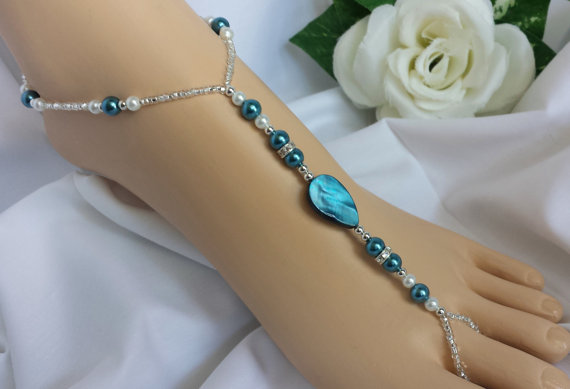 Wedding - Barefoot Sandals - Foot Jewelry White and Teal Sandals