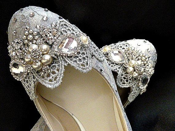زفاف - Margaret ... Silver Lacy Wedding Shoes ... crystal and pearl embellishments