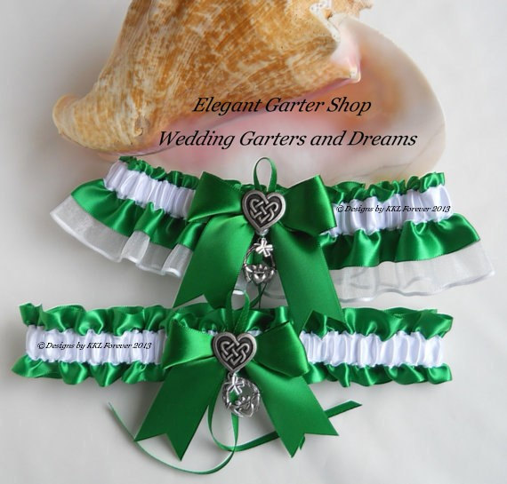 Hochzeit - Irish Wedding Garters Claddagh Shamrock Love Knot Heart charms Handmade Emerald Green Garters