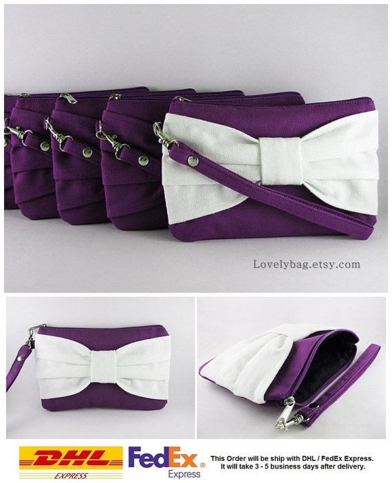 Mariage - SUPER SALE - Set of 7 Eggplant Bow Clutches - Bridal Clutch, Bridesmaid Clutch,Bridesmaid Wristlet,Wedding Gift,Zipper Pouch - Made To Order
