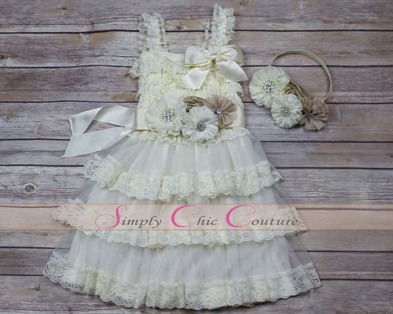 Hochzeit - Rustic Flower Girl Dress, Champagne Cream Flower Girl Dress, Toddler lace dress, Baby dress, Shabby Vintage Chic dress, Birthday Dress