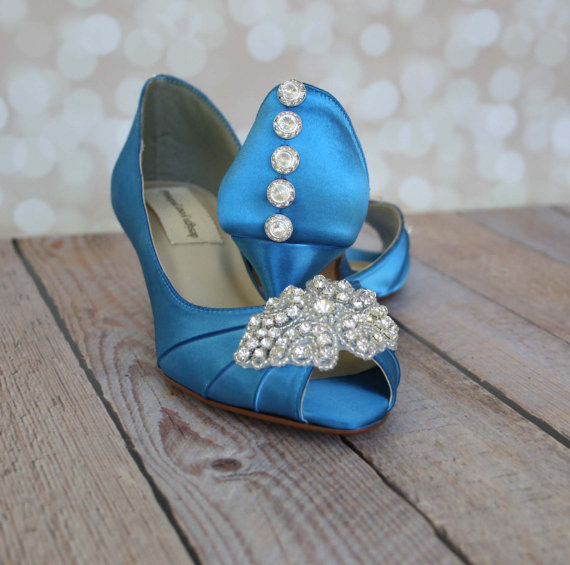 Свадьба - Wedding Shoes -- Turquoise Peep Toe Wedding Shoes with Rhinestone Applique and Rhinestone Buttons