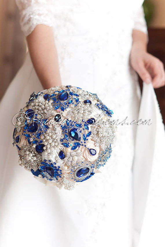 زفاف - Royal Blue Ivory Wedding Brooch Bouquet. “Big Blue-ming Day” Crystal Heirloom Ivory Royal Blue Bridal Broach Bouquet, Ruby Blooms Wedding
