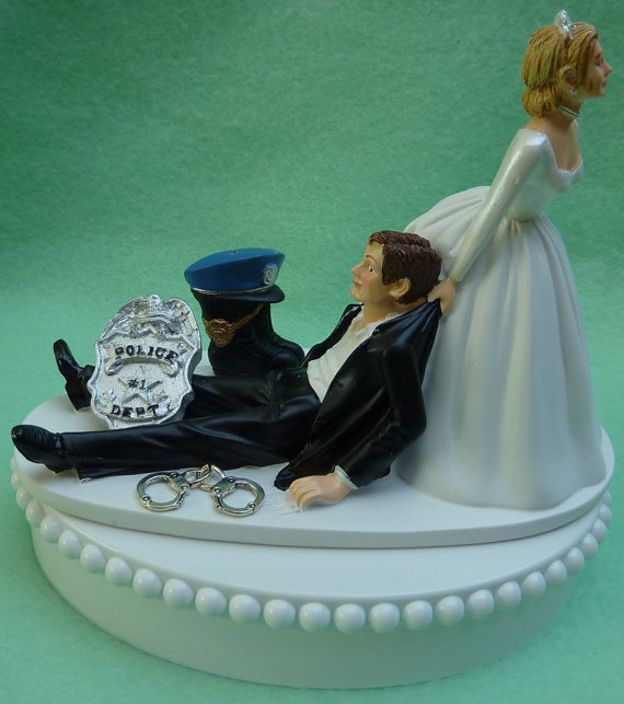 زفاف - Wedding Cake Topper Policeman Boot Cap Hat Badge Handcuffs Police Department Officer Themed w/ Bridal Garter Law Enforcement Groom Bride Fun