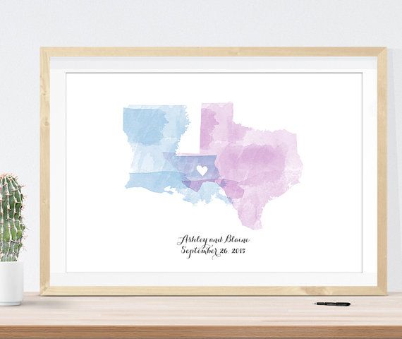 Mariage - Watercolor Wedding Guest Book Alternative, Custom Wedding Map With Your Two States