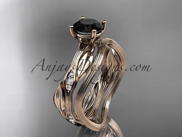 زفاف - 14k rose gold diamond leaf and vine wedding ring set, engagement ring set with Black Diamond center stone ADLR31S