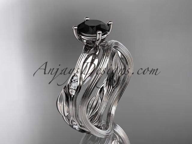 زفاف - 14k white gold diamond leaf and vine wedding ring set, engagement ring set with Black Diamond center stone ADLR31S