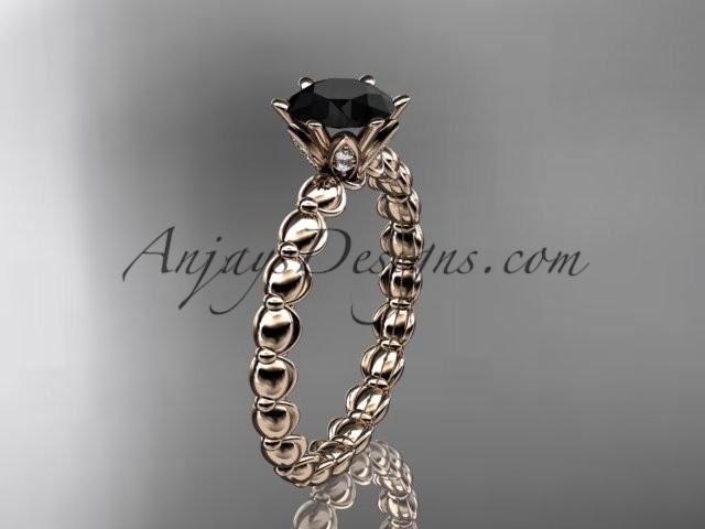 Hochzeit - 14k rose gold diamond vine and leaf wedding ring, engagement ring with Black Diamond center stone ADLR34