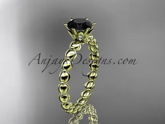 Wedding - 14k yellow gold diamond vine and leaf wedding ring, engagement ring with Black Diamond center stone ADLR34