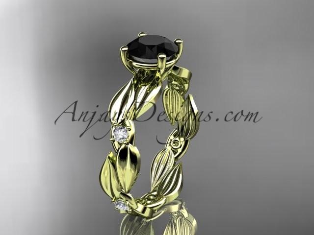 Wedding - 14kt yellow gold diamond leaf and vine wedding ring, engagement ring with Black Diamond center stone ADLR58
