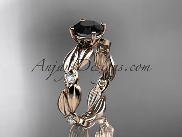 Hochzeit - 14kt rose gold diamond leaf and vine wedding ring, engagement ring with Black Diamond center stone ADLR58