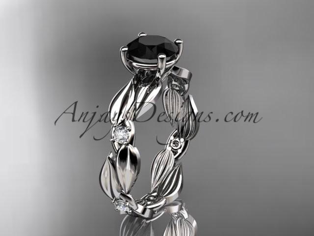 Wedding - 14kt white gold diamond leaf and vine wedding ring, engagement ring with Black Diamond center stone ADLR58
