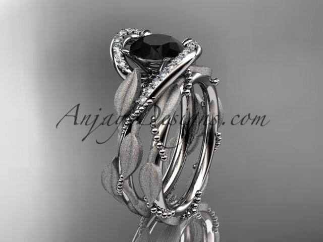 زفاف - 14kt white gold diamond leaf and vine wedding ring, engagement set with a Black Diamond center stone ADLR64S