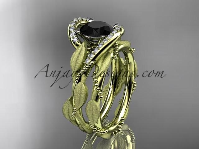 زفاف - 14kt yellow gold diamond leaf and vine wedding ring, engagement set with a Black Diamond center stone ADLR64S