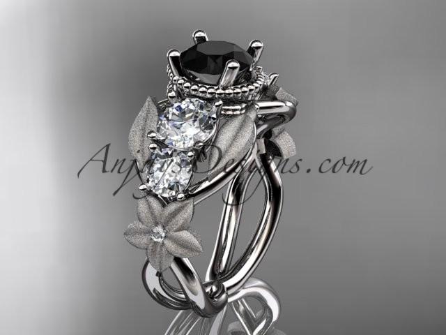 Hochzeit - platinum diamond floral, leaf and vine wedding ring, engagement ring with Black Diamond center stone ADLR69