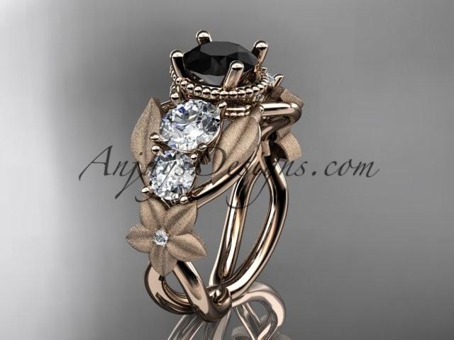 Wedding - 14kt rose gold diamond floral, leaf and vine wedding ring, engagement ring with Black Diamond center stone ADLR69