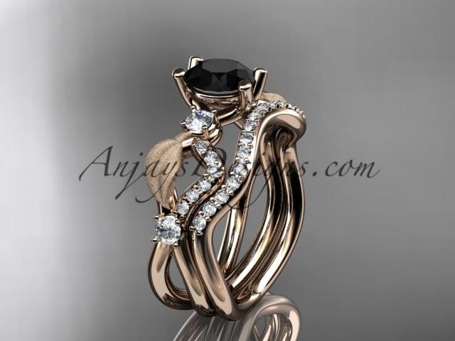 Hochzeit - 14kt rose gold diamond leaf and vine wedding ring, engagement set with Black Diamond center stone ADLR68S