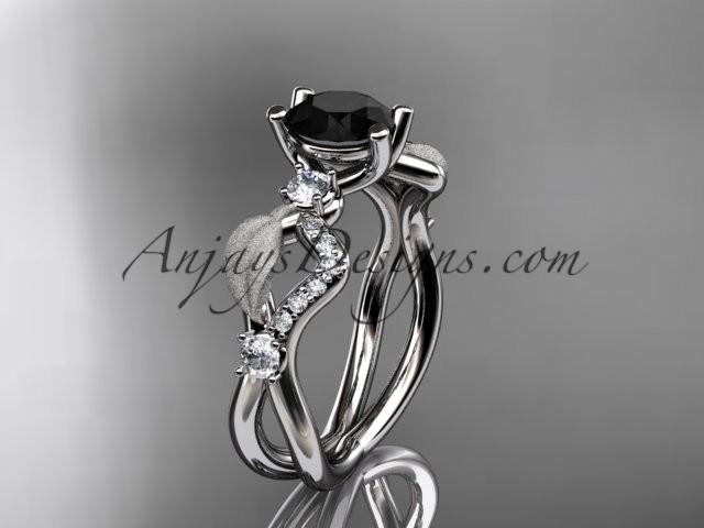 Mariage - 14kt white gold diamond leaf and vine wedding ring, engagement ring with Black Diamond center stone ADLR68