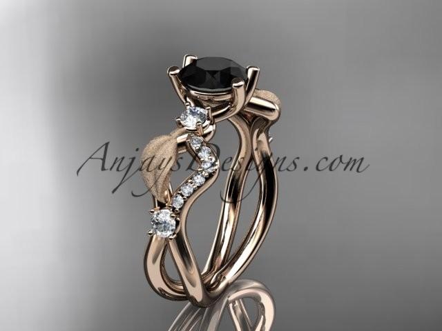 Hochzeit - 14kt rose gold diamond leaf and vine wedding ring, engagement ring with Black Diamond center stone ADLR68