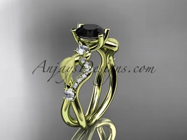 Wedding - 14kt yellow gold diamond leaf and vine wedding ring, engagement ring with Black Diamond center stone ADLR68