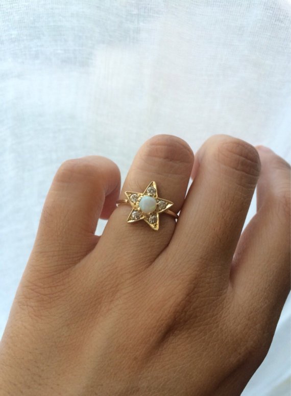 زفاف - Opal and Diamond Ring, Opal Engagement Ring, 14k Opal Ring, Diamond Star Ring, Unique Engagement Ring, Birthstone Ring, October Birthstone
