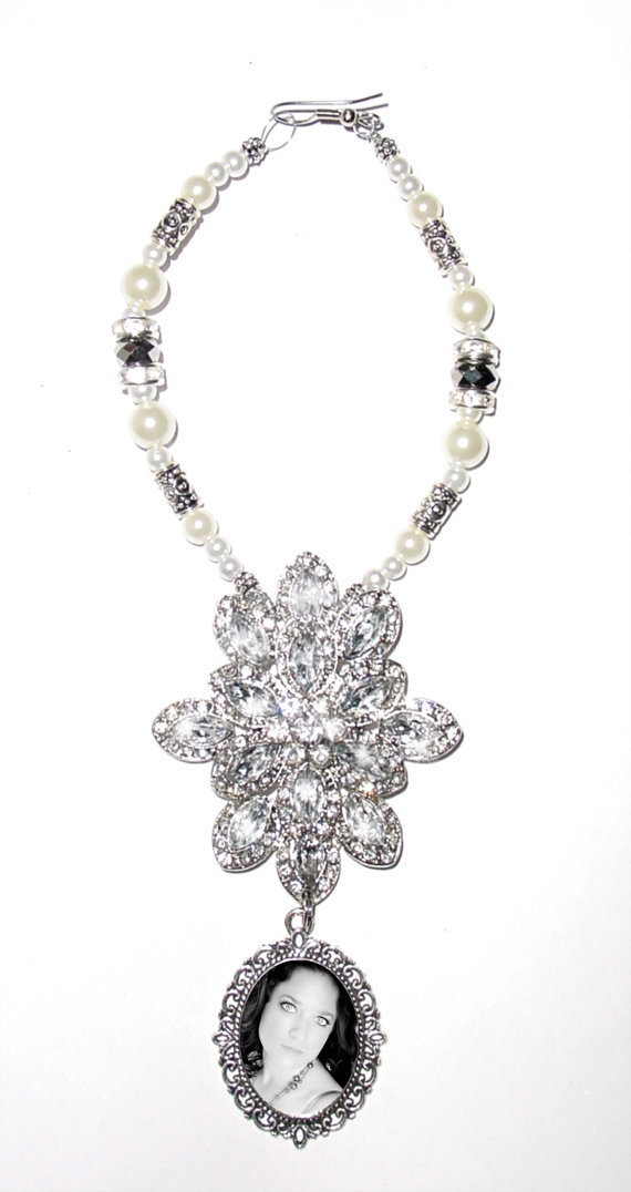 زفاف - Wedding Bouquet Memorial Photo Charm Old World Elegance & Grace Crystal Gems Pearls Silver Tibetan Beads - FREE SHIPPING