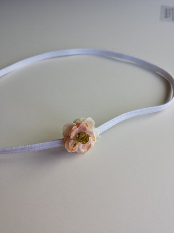 Hochzeit - Tiny Pink Peach Rosette Flower Headband - Baby Girl - Newborn Photo Prop - Thin - Small - Summer Baby - Rustic Headband - Petite - Dainty