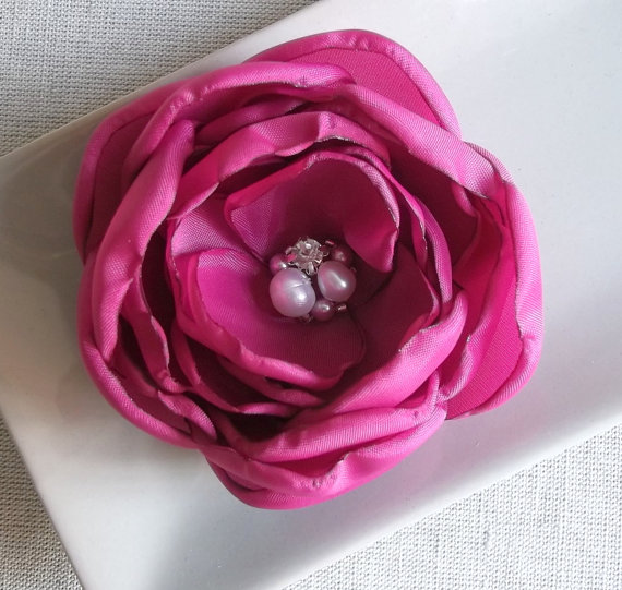 Hochzeit - Fuschia, Hot Pink fabri flowers Hair Shoe Clip Brooch Bridal Bridesmaids Accessory Dress Sash Ornament Flower girls Pearls Crystals Handmade