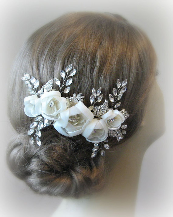 زفاف - Ivory Wedding Hair Comb, Bridal Comb with Swarovski Crystals, Organza Hair Flowers, Hair Vine - VESTA